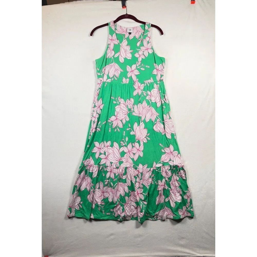 Cabi Weekend Dress 6217 Small Green Floral Sleeveless Tank Midi Dress Pockets